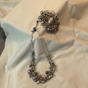 Blue and Silver Tone Bead Necklace & Bracelet Set